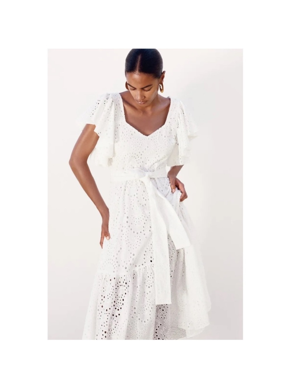 🌎 Zara White Eyelet Maxi Dress with Tie Waist
